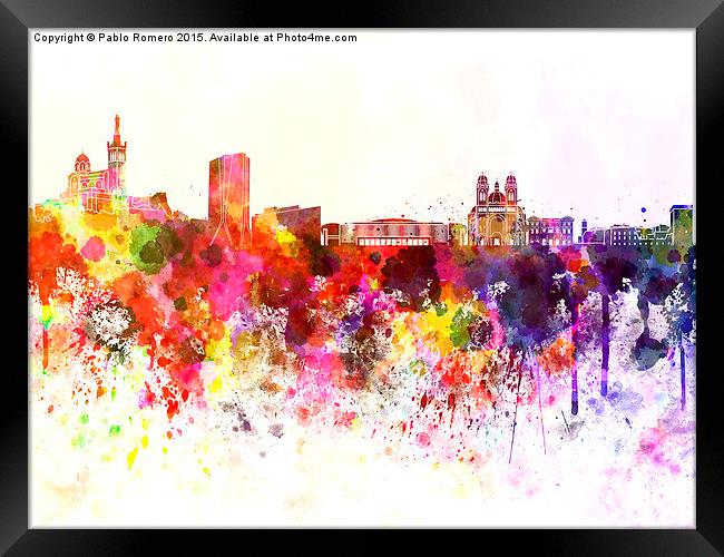 Marseilles skyline in watercolor background Framed Print by Pablo Romero