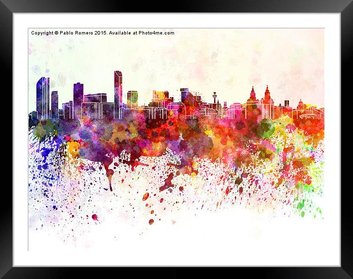 Liverpool skyline in watercolor background Framed Mounted Print by Pablo Romero