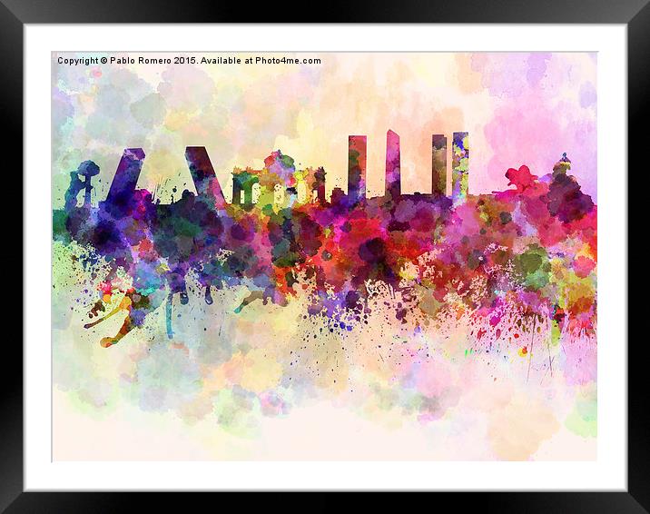 Madrid skyline in watercolor background Framed Mounted Print by Pablo Romero