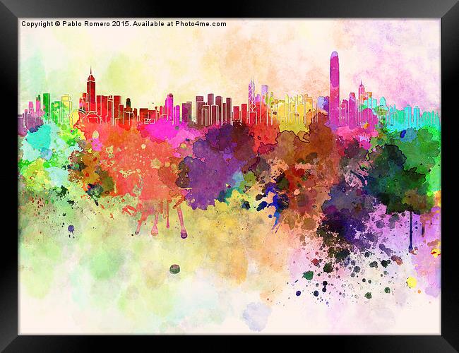Hong Kong skyline in watercolor background Framed Print by Pablo Romero