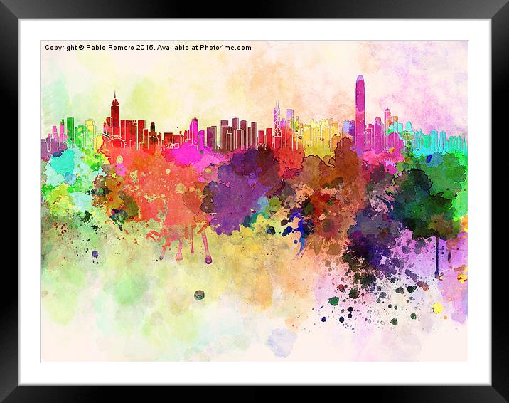 Hong Kong skyline in watercolor background Framed Mounted Print by Pablo Romero