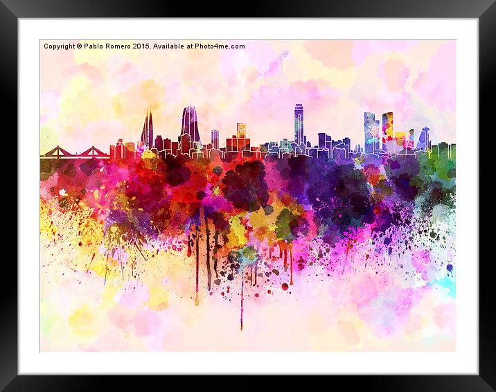 Manama skyline in watercolor background Framed Mounted Print by Pablo Romero