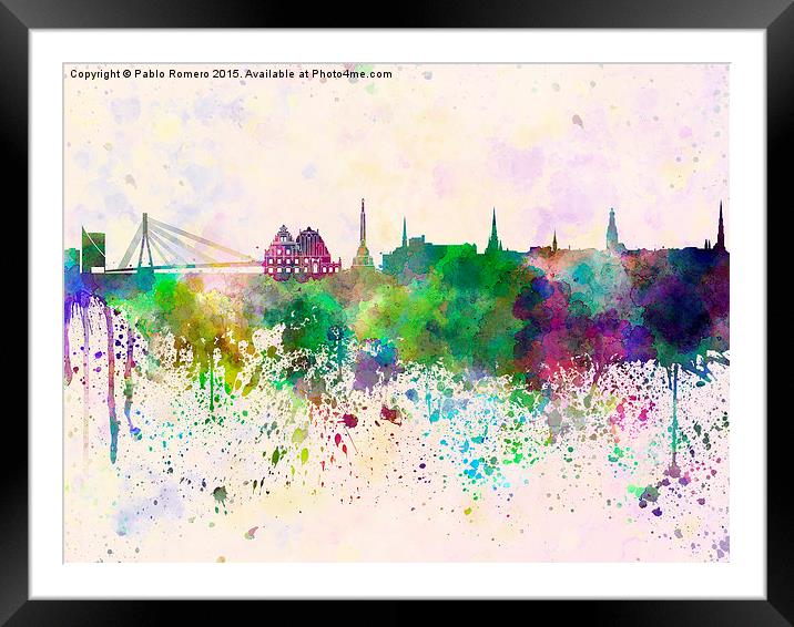 Riga skyline in watercolor background Framed Mounted Print by Pablo Romero