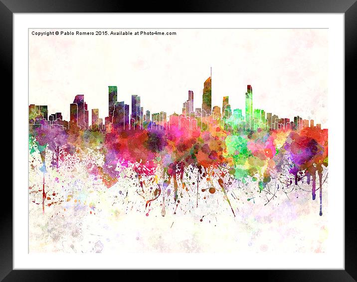 Gold Coast skyline in watercolor background Framed Mounted Print by Pablo Romero