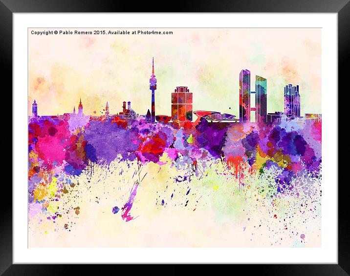 Munich skyline in watercolor background Framed Mounted Print by Pablo Romero