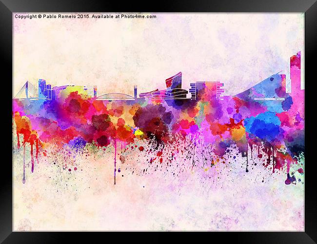 Manchester skyline in watercolor background Framed Print by Pablo Romero