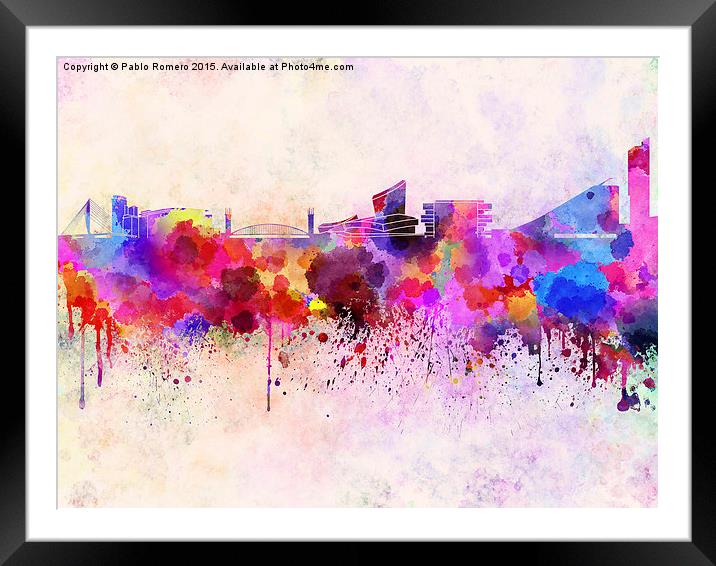 Manchester skyline in watercolor background Framed Mounted Print by Pablo Romero
