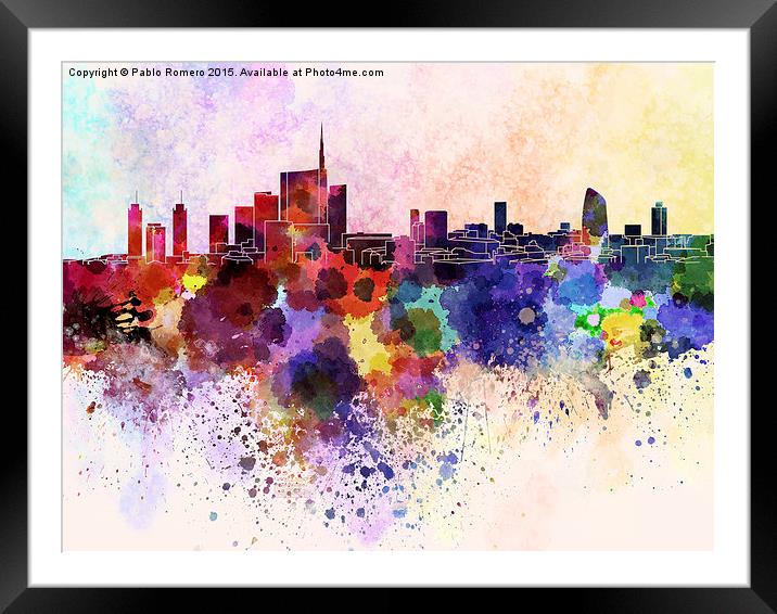 Milan skyline in watercolor background Framed Mounted Print by Pablo Romero