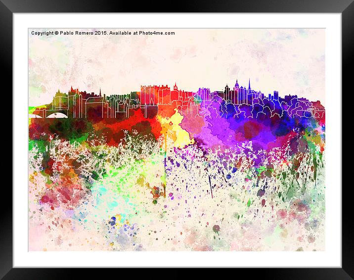 Edinburgh skyline in watercolor background Framed Mounted Print by Pablo Romero