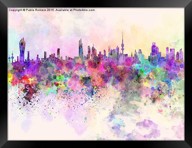 Kuwait City skyline in watercolor background Framed Print by Pablo Romero