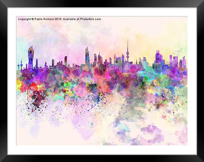 Kuwait City skyline in watercolor background Framed Mounted Print by Pablo Romero