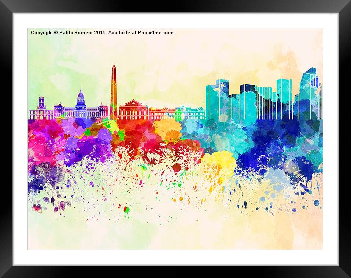 Buenos Aires skyline in watercolor background Framed Mounted Print by Pablo Romero