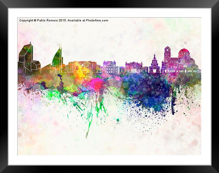 Sofia skyline in watercolor background Framed Mounted Print by Pablo Romero
