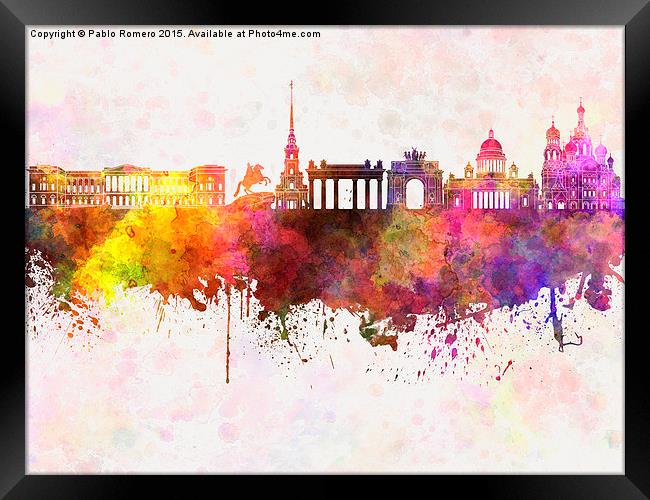 Saint Petersburg skyline in watercolor background Framed Print by Pablo Romero