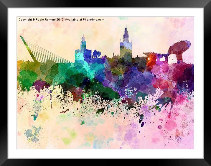 Seville skyline in watercolor background Framed Mounted Print by Pablo Romero