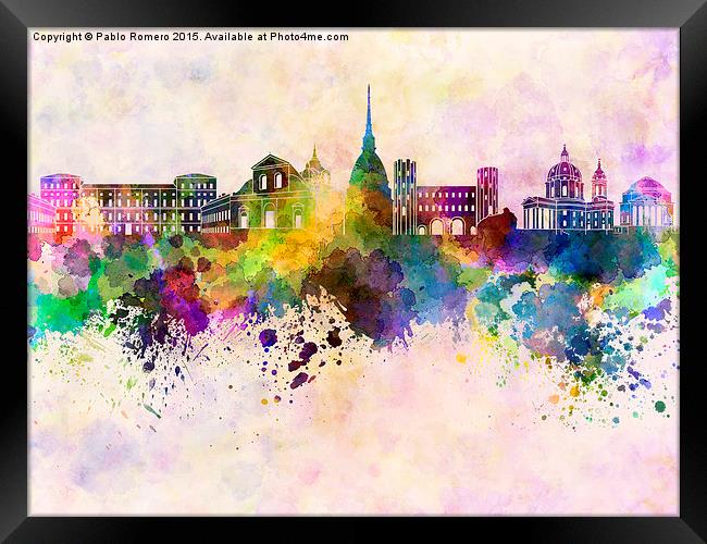 Turin skyline in watercolor background Framed Print by Pablo Romero