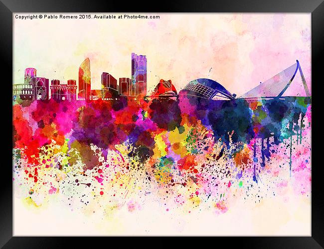 Valencia skyline in watercolor background Framed Print by Pablo Romero