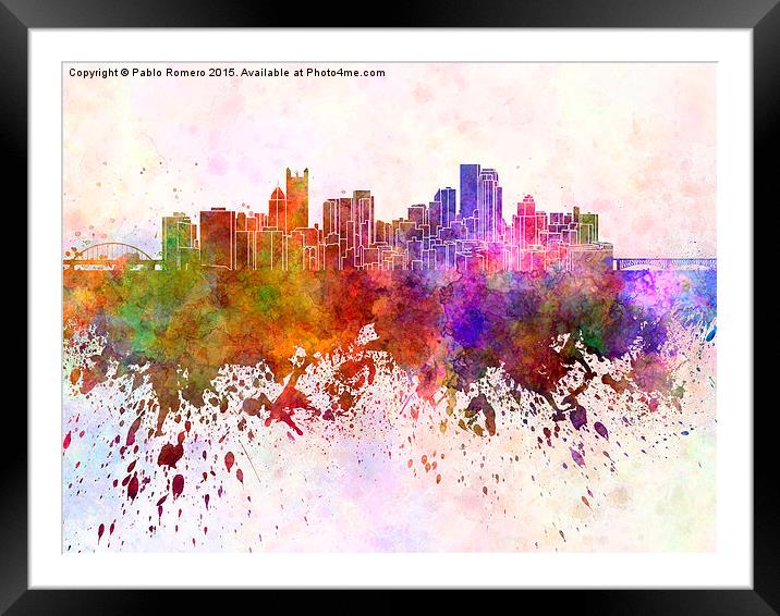 Pittsburgh skyline in watercolor background Framed Mounted Print by Pablo Romero