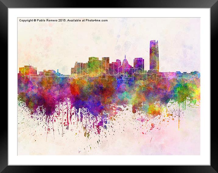 Oklahoma City skyline in watercolor background Framed Mounted Print by Pablo Romero