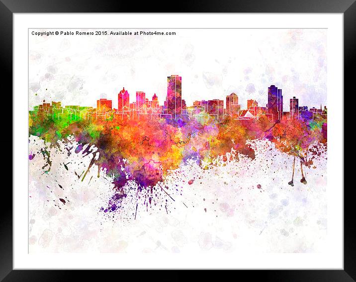 Milwaukee skyline in watercolor background Framed Mounted Print by Pablo Romero