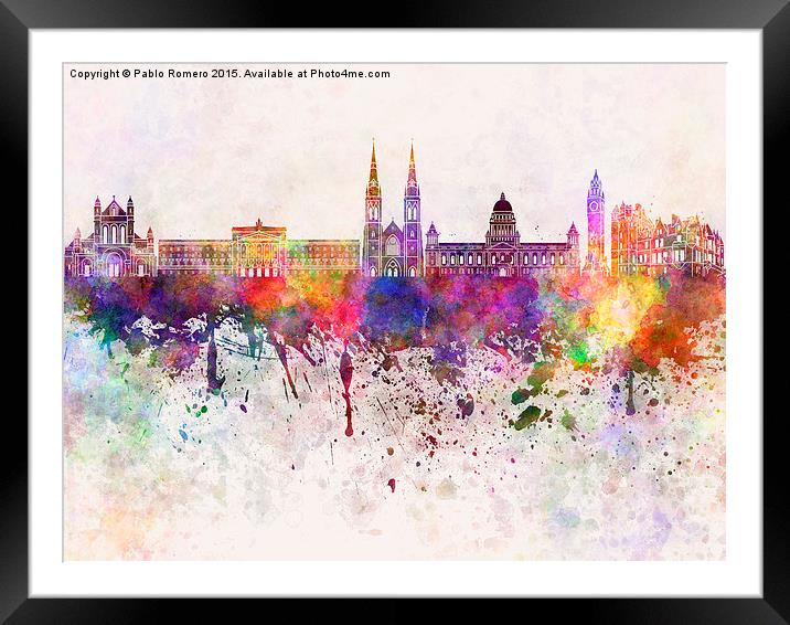 Belfast skyline in watercolor background Framed Mounted Print by Pablo Romero