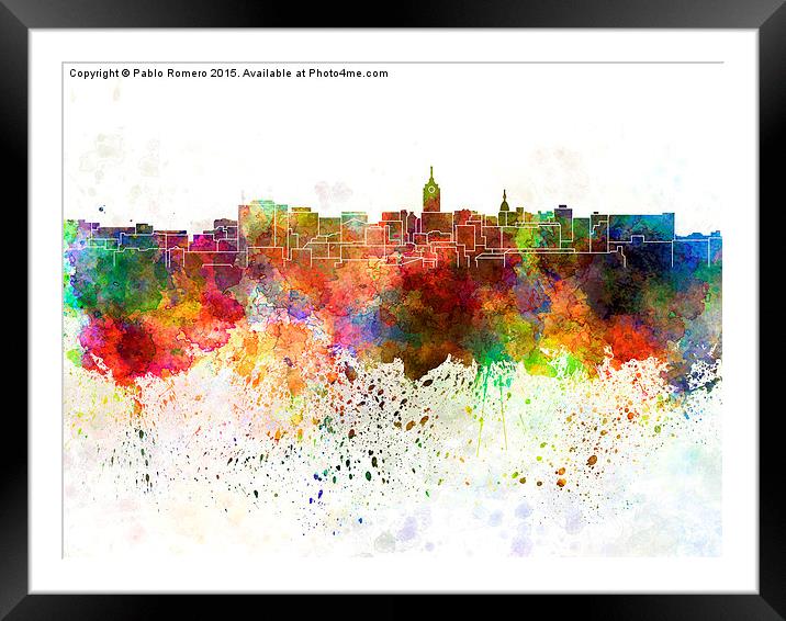 Lansing skyline in watercolor background Framed Mounted Print by Pablo Romero