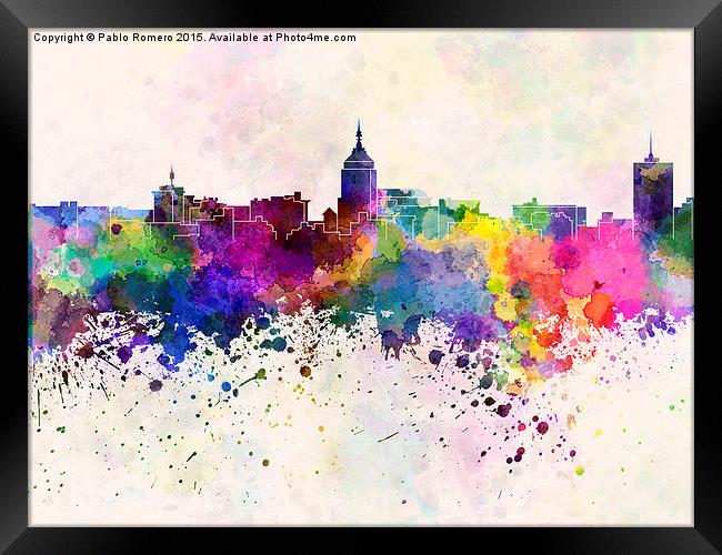 Fresno skyline in watercolor background Framed Print by Pablo Romero