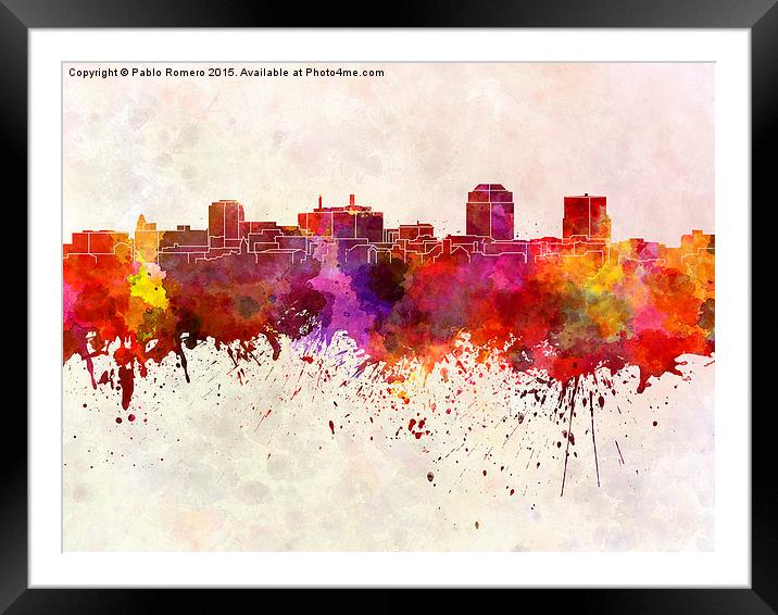 Colorado Springs skyline in watercolor background Framed Mounted Print by Pablo Romero