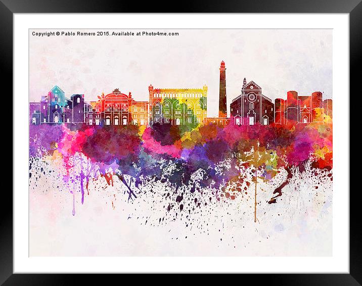 Bari skyline in watercolor background Framed Mounted Print by Pablo Romero