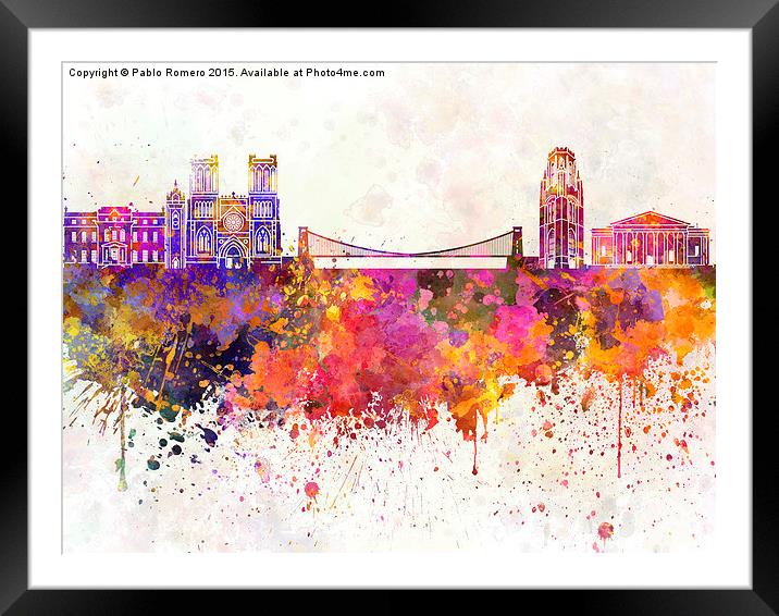 Bristol skyline in watercolor background Framed Mounted Print by Pablo Romero