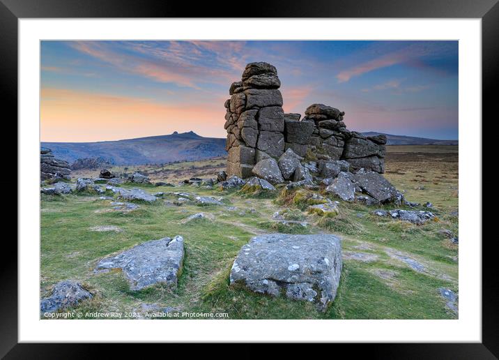 Rocks on Hound Tor at sunrise Framed Mounted Print by Andrew Ray
