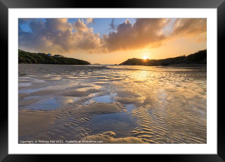 Setting sun at Porth Beach (Newquay) Framed Mounted Print by Andrew Ray