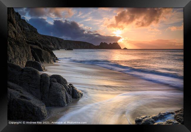 Morning at Porthcurno Framed Print by Andrew Ray