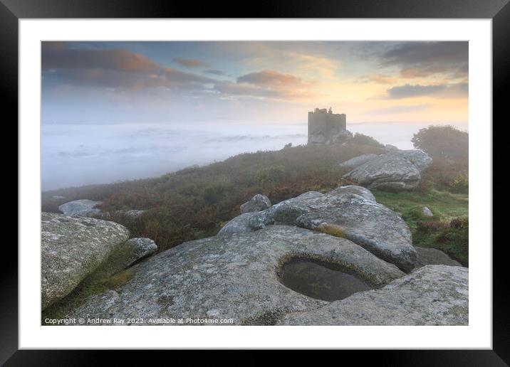 Misty morning at Carn Brea Framed Mounted Print by Andrew Ray