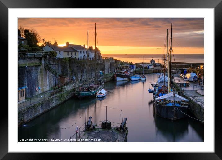 Tall Ships moored in Charlestown Dock at sunrise  Framed Mounted Print by Andrew Ray