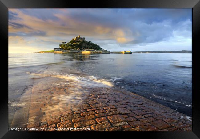Morning light on the Causeway (St Michael's Mount) Framed Print by Andrew Ray