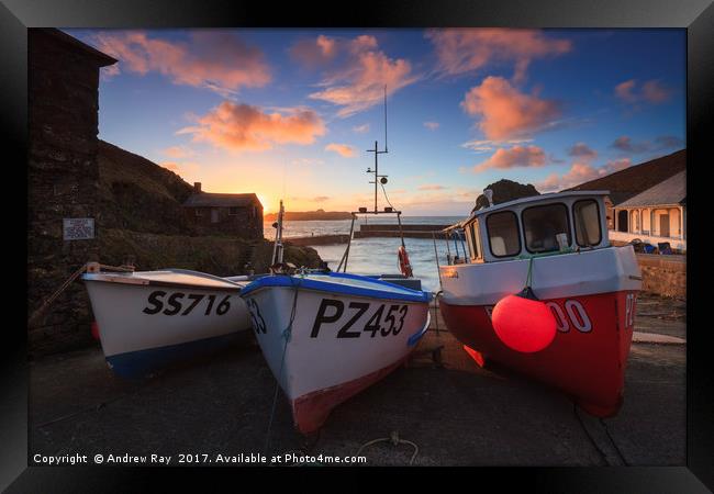 Boats at Sunset (Mullion Cove)  Framed Print by Andrew Ray