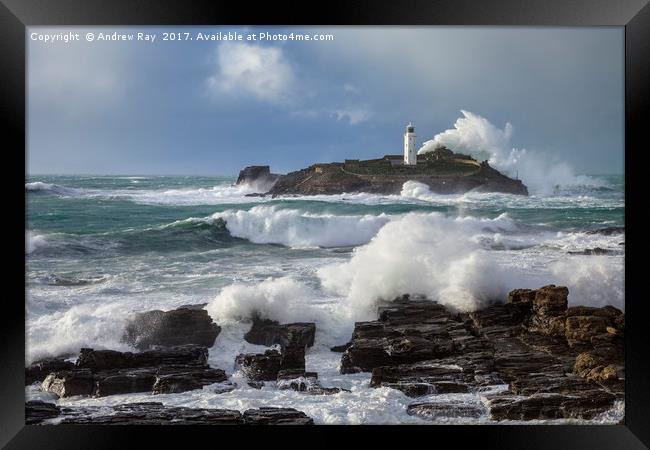 Stormy Evening at Godrevy Framed Print by Andrew Ray