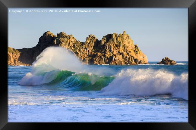 Wave at Porthcurno Framed Print by Andrew Ray