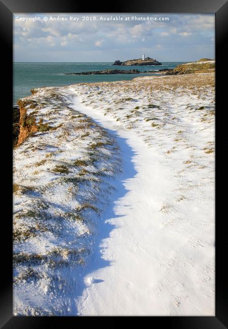 Snow covered path (Godrevy) Framed Print by Andrew Ray