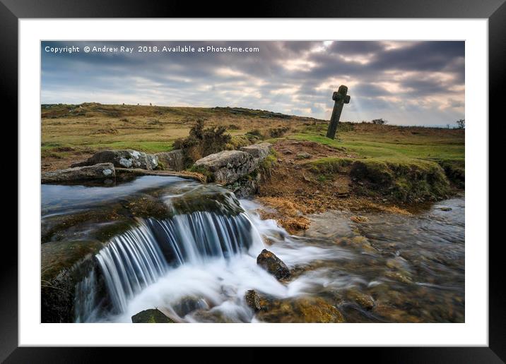 Shafts of light over Windy Post (Dartmoor) Framed Mounted Print by Andrew Ray
