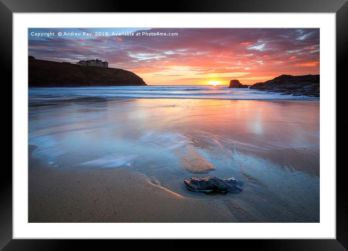 Sunset and reflections (Poldhu Cove) Framed Mounted Print by Andrew Ray