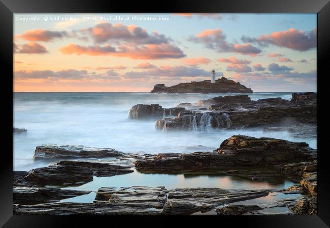 Godrevy Lighthouse at sunset Framed Print by Andrew Ray