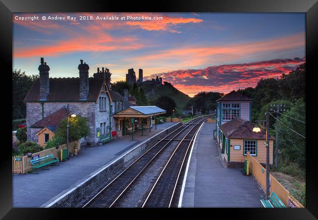 Sunset over Corfe Railway Station by Andrew Ray Framed Print by Andrew Ray