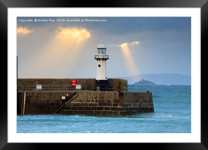 Light Shafts over Smeaton's Lighthouse (St Ives) Framed Mounted Print by Andrew Ray