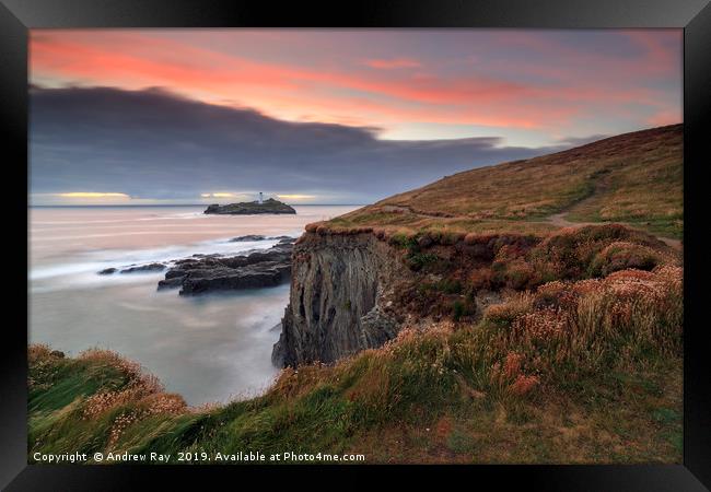 Clifftop at sunset (Godrevy) Framed Print by Andrew Ray