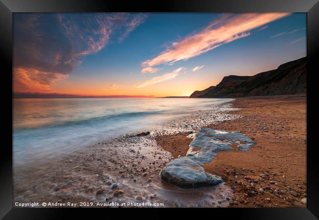 Sunset over Eype Mouth Beach. Framed Print by Andrew Ray