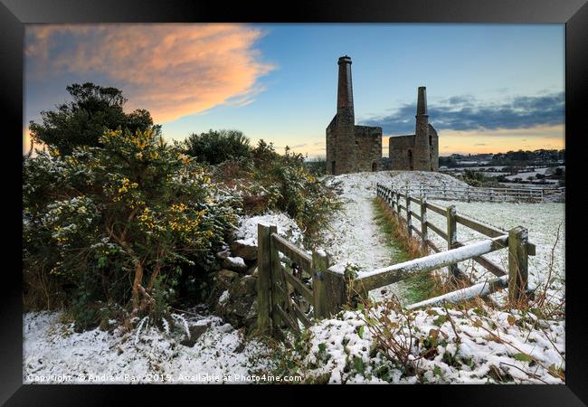 Snow at sunset (Wheal Unity Wood Mines) Framed Print by Andrew Ray