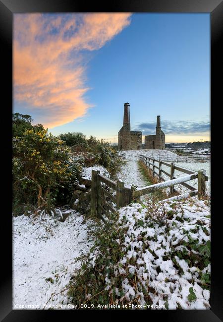 Snowy sunset (Wheal Unity Wood Mines) Framed Print by Andrew Ray