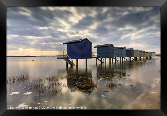 High tide at Osea Beach Huts (Blackwater Estuary) Framed Print by Andrew Ray